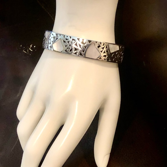 LOIS HILL Mother of Pearl Sterling Silver Cut Out Cuff Bracelet Thin Vintage - Picture 4 of 17